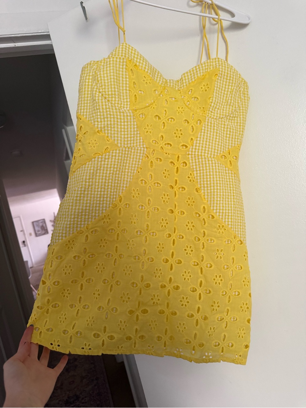 Amazon Yellow Eyelet Gingham Mini Dress